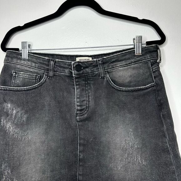 Zadig & Voltaire Black Denim Mini Skirt Size US 10 EU 40 Asymmetrical Raw Grunge - Picture 2 of 9